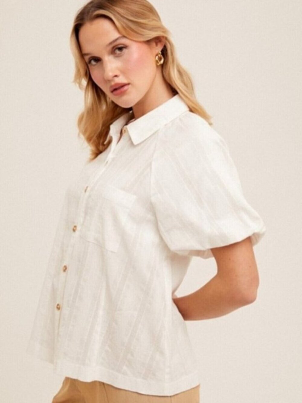 HEM & THREAD Bubble Short Sleeve Button Down Shirt White NWT